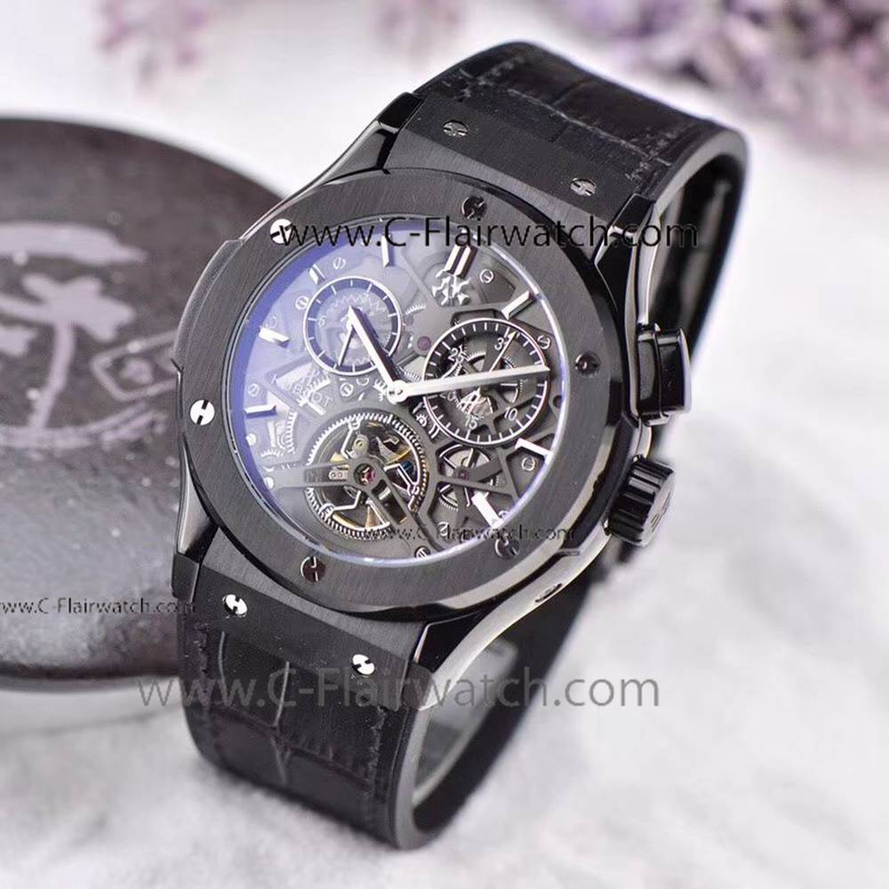 Copy Hublot Tourbillon Skeleton All Black 45mm Watch 2018 New